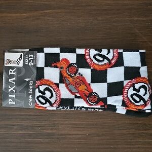 Disney Pixar Cars Lighting Mcqueen Checkered Crew Socks - Black and White